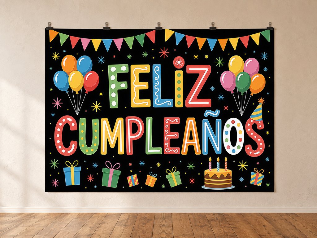 Colorful Feliz Cumpleaños Birthday Backdrop — indoor wall-clip display; accessories not included