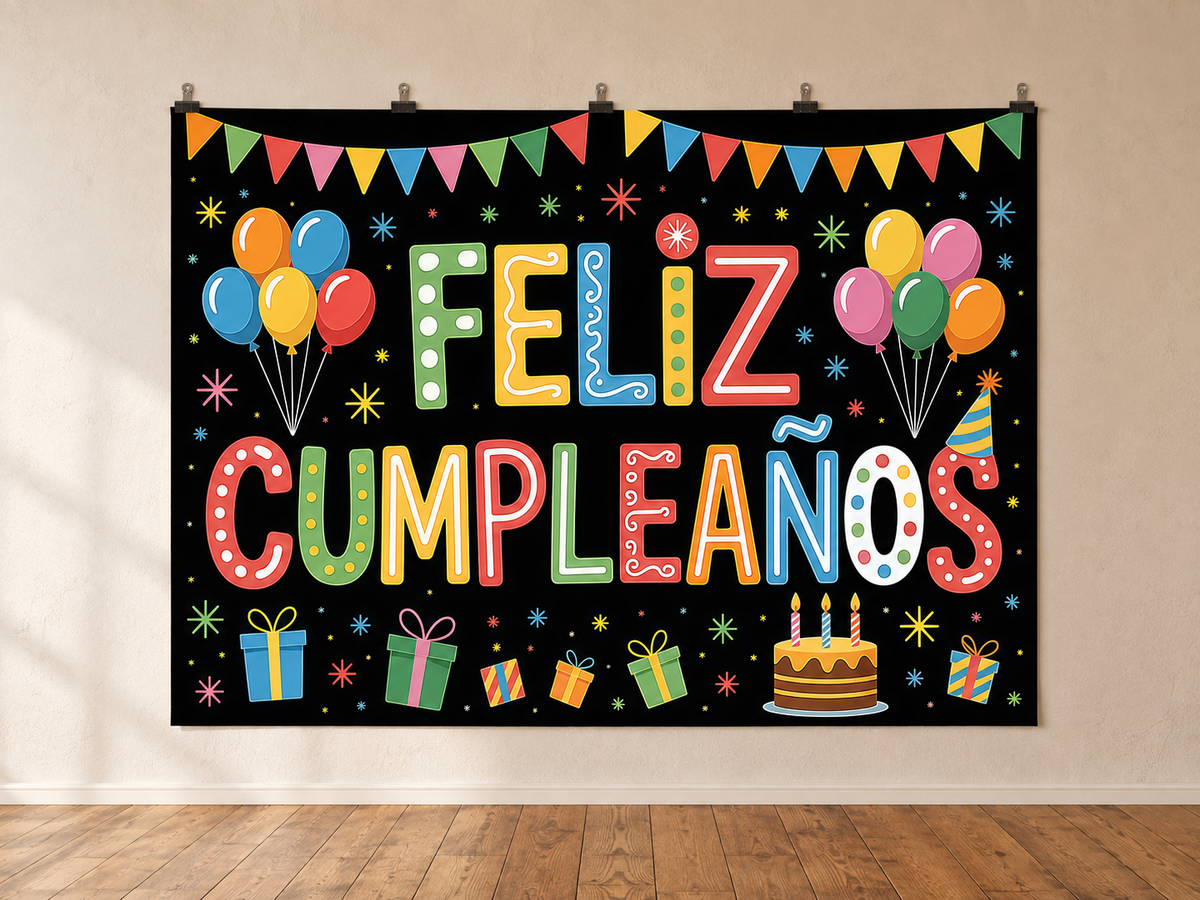 Colorful Feliz Cumpleaños Birthday Backdrop — indoor wall-clip display; accessories not included