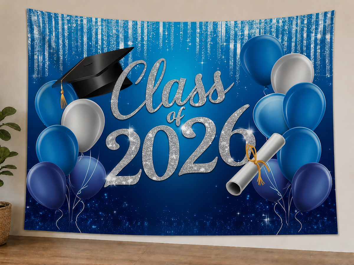 Blue Class of 2026 Graduation Backdrop styled scene 1