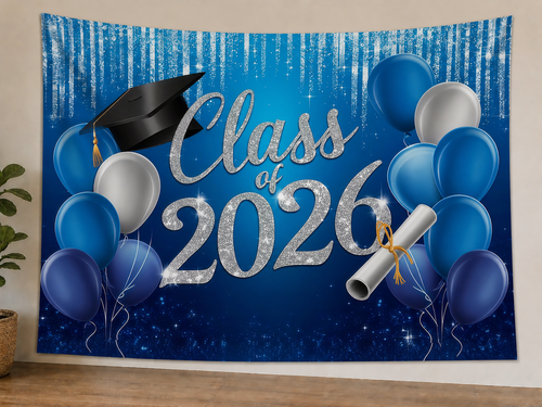 Blue Class of 2026 Graduation Backdrop styled scene 1
