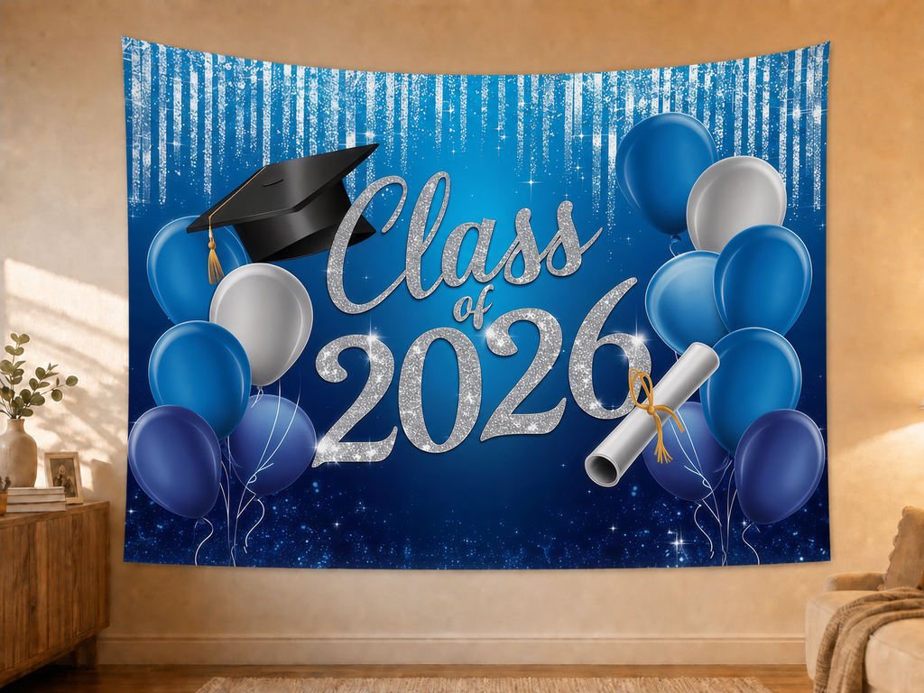 Blue Class of 2026 Graduation Backdrop styled scene 2