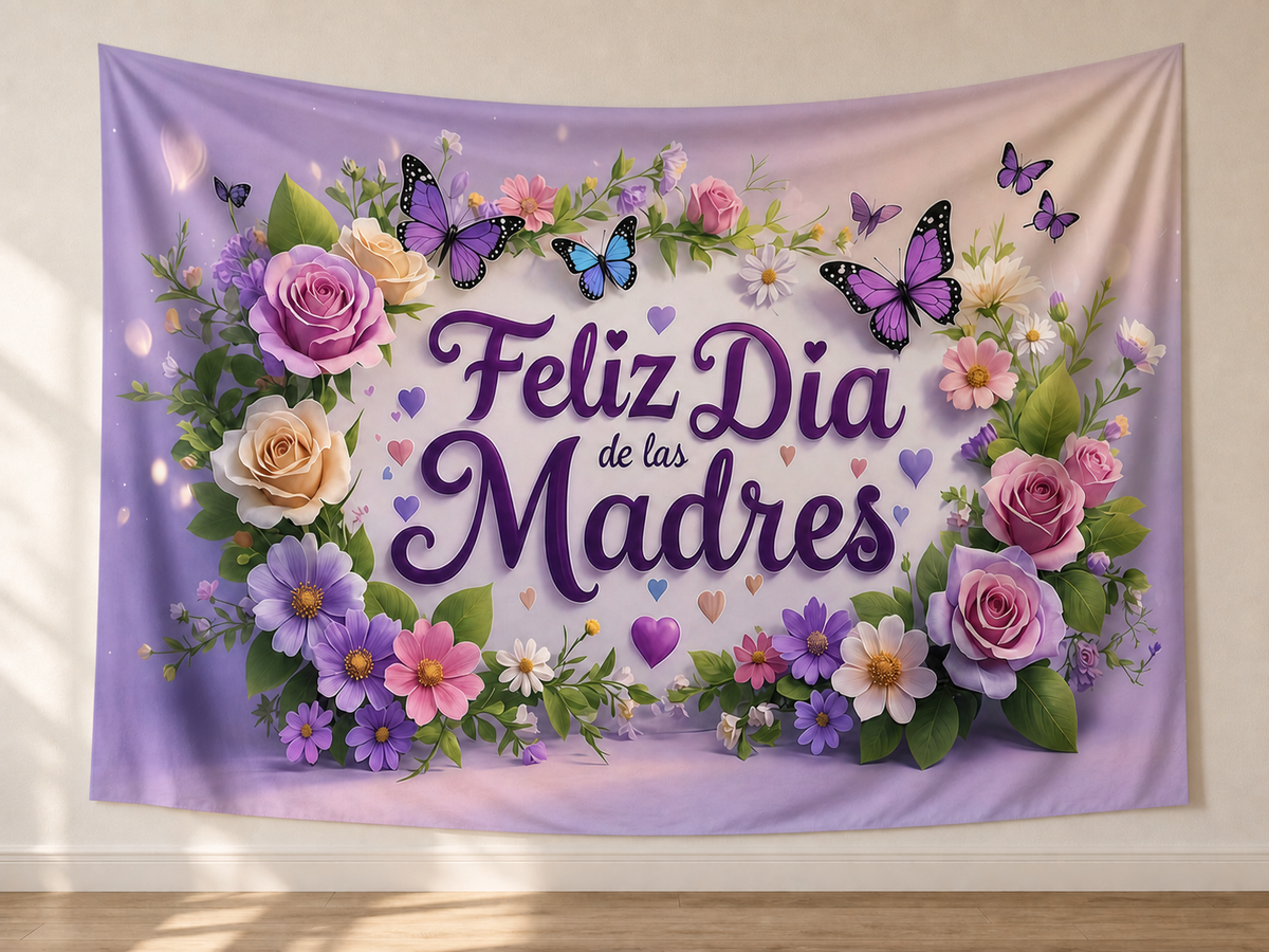 Spanish Purple Floral Mother's Day Backdrop shown as a hanging polyester backdrop
