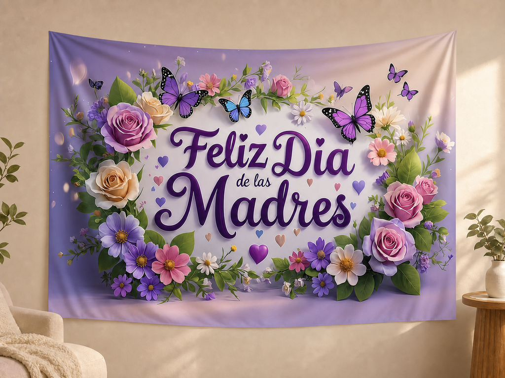 Spanish Purple Floral Mother's Day Backdrop shown in an alternate home setting