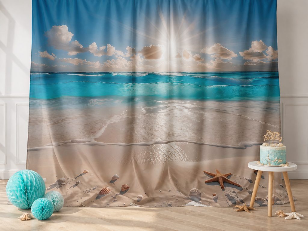 Turquoise Ocean Sunrise Beach fabric photography backdrop scene 1