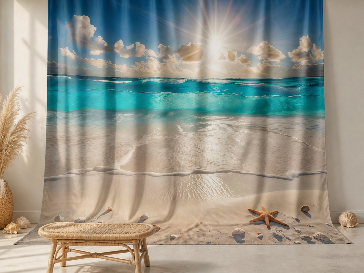 Turquoise Ocean Sunrise Beach fabric photography backdrop scene 2