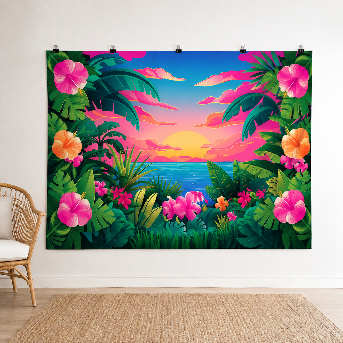 FJ260314036 printed polyester backdrop, indoor wall-clip display; accessories not included