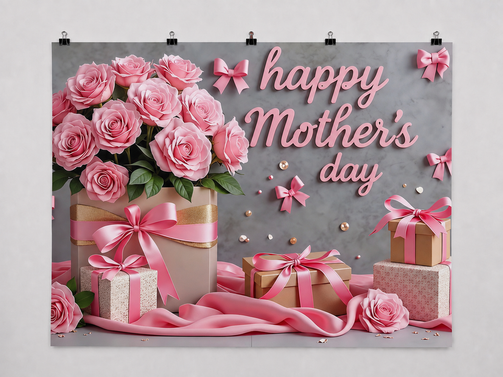 Happy Mother's Day Pink Roses printed polyester backdrop, shown at244 x183cm with straight-cut unhemmed edges and wall clips. Flat printed scenery; accessories not included.