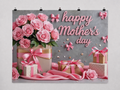 Happy Mother's Day Pink Roses printed polyester backdrop, shown at244 x183cm with straight-cut unhemmed edges and wall clips. Flat printed scenery; accessories not included.