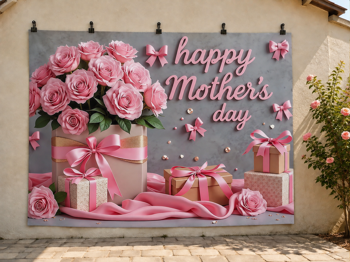 Happy Mother's Day Pink Roses printed polyester backdrop, shown at244 x183cm with straight-cut unhemmed edges and wall clips. Flat printed scenery; accessories not included.