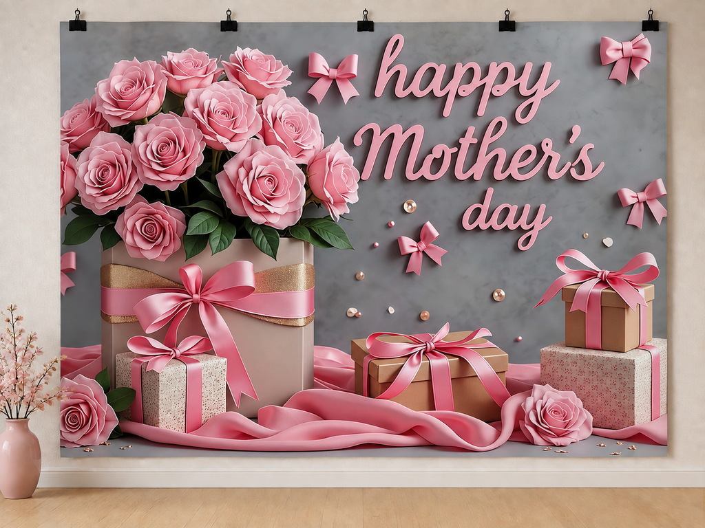 Happy Mother's Day Pink Roses printed polyester backdrop, shown at244 x183cm with straight-cut unhemmed edges and wall clips. Flat printed scenery; accessories not included.