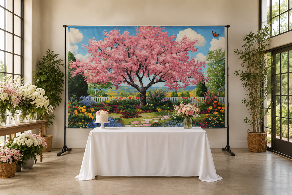 Cherry Blossom Garden Backdrop in event studio