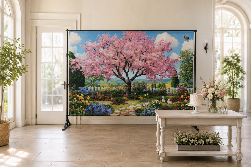 Cherry Blossom Garden Backdrop in alternate room setting