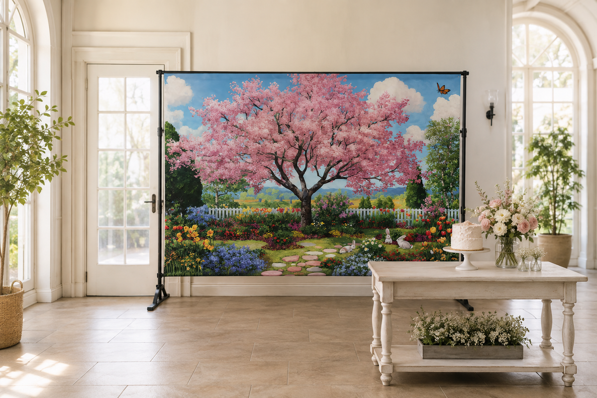 Cherry Blossom Garden Backdrop in alternate room setting