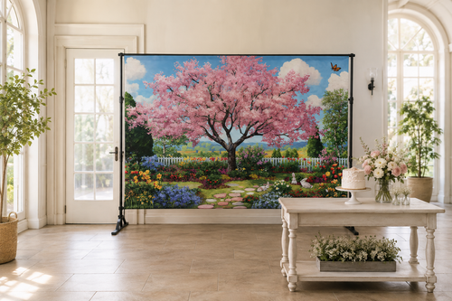 Cherry Blossom Garden Backdrop in alternate room setting