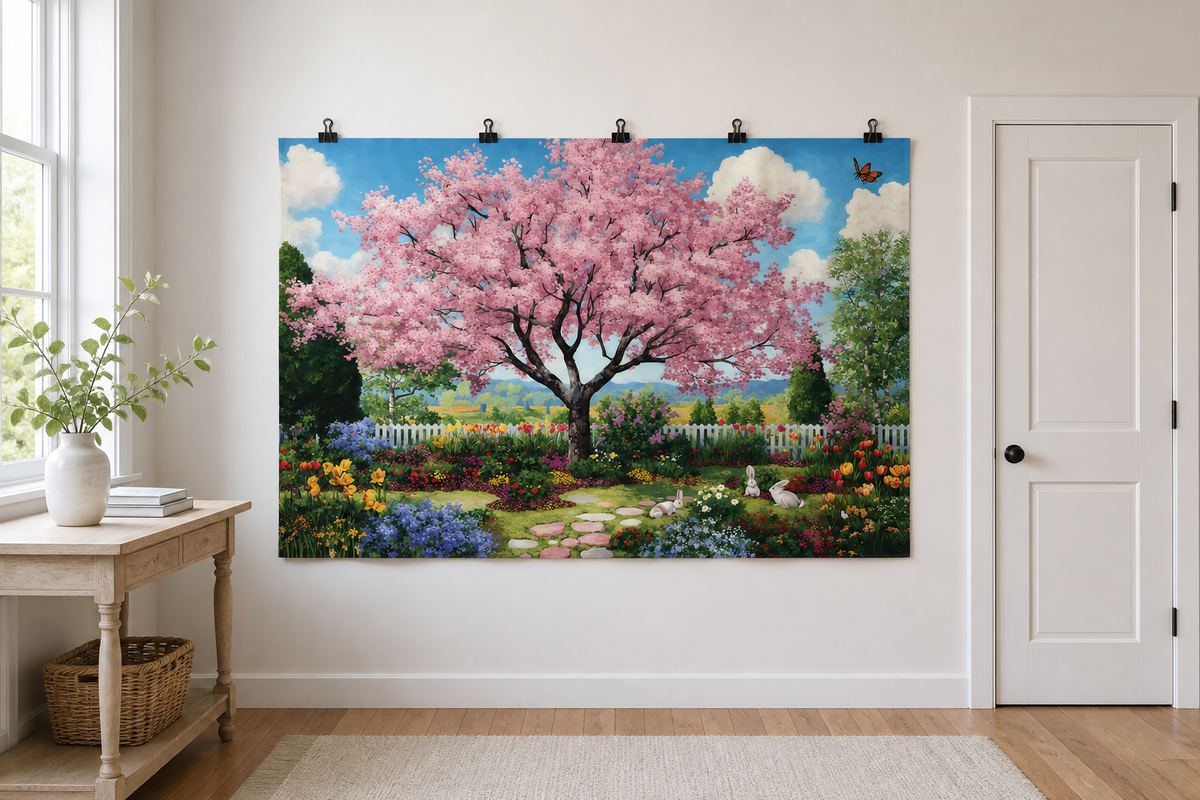 Cherry Blossom Garden Backdrop clipped directly to wall