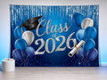 Class of 2026 blue silver graduation backdrop reception scene