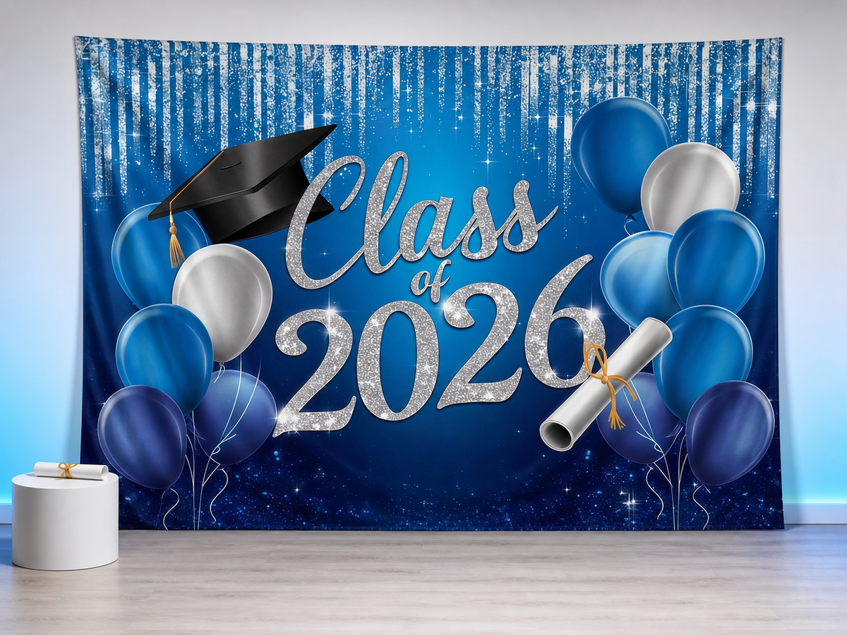 Class of 2026 blue silver graduation backdrop reception scene
