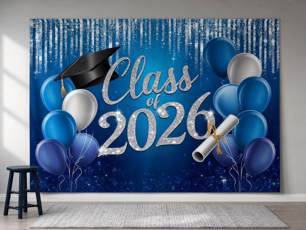 Class of 2026 blue silver graduation backdrop senior portrait