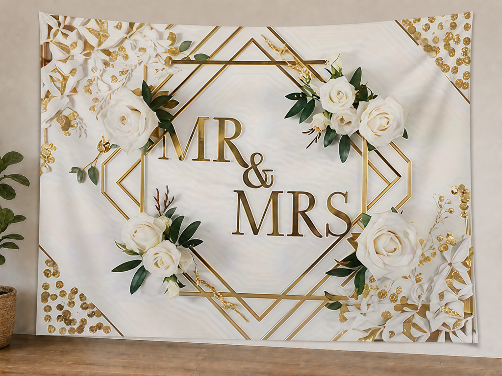 White Floral Mr & Mrs Wedding Backdrop styled scene 1