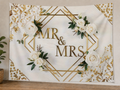White Floral Mr & Mrs Wedding Backdrop styled scene 1