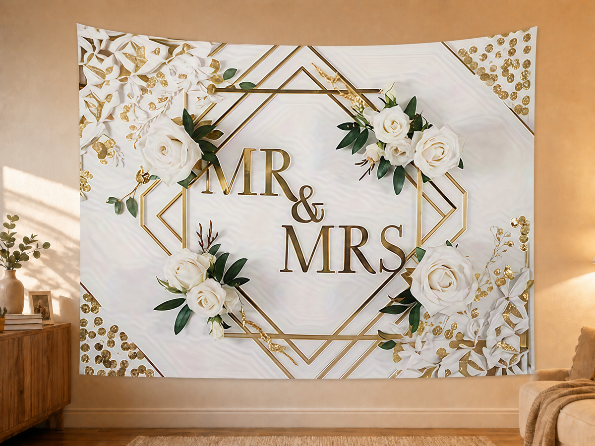 White Floral Mr & Mrs Wedding Backdrop styled scene 2
