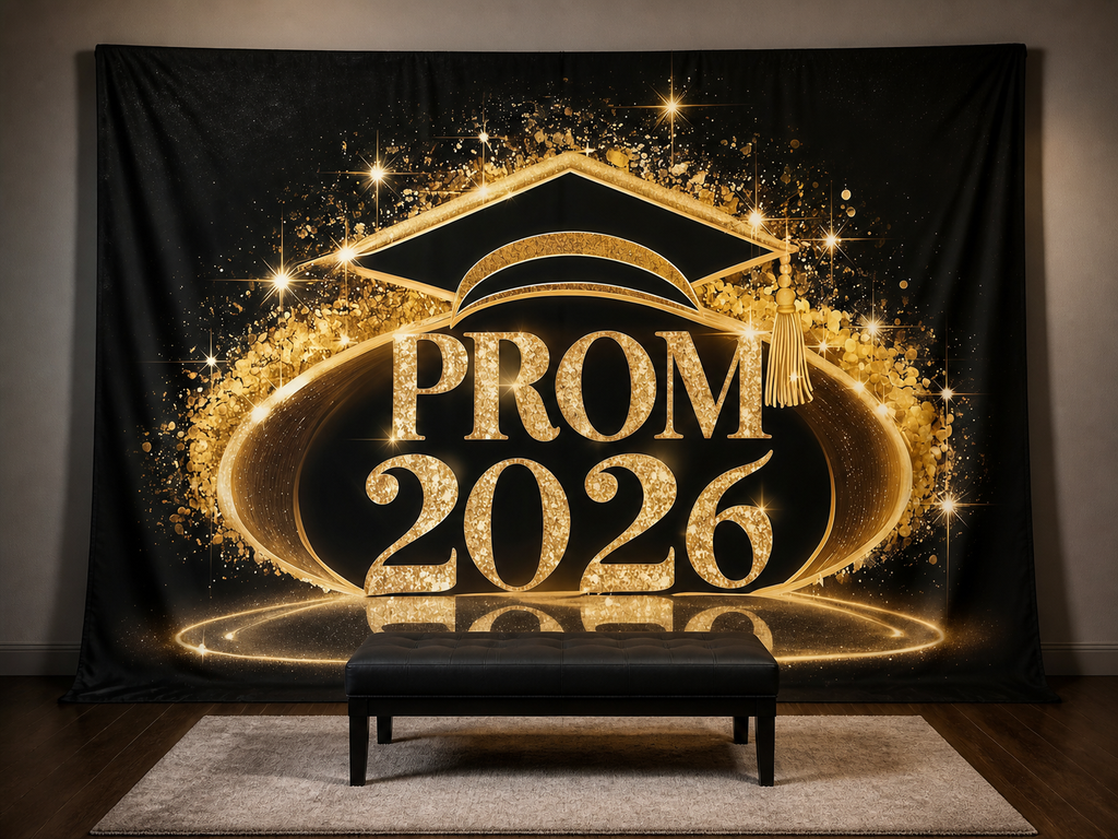 Prom 2026 black gold fabric backdrop in portrait studio