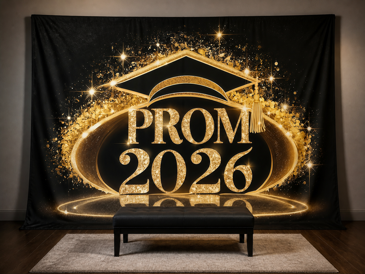 Prom 2026 black gold fabric backdrop in portrait studio