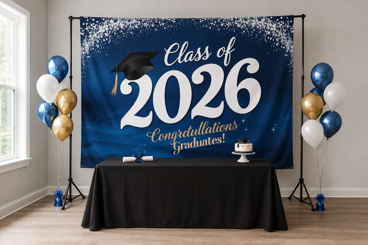 Blue Class of 2026 Graduation Backdrop in event studio