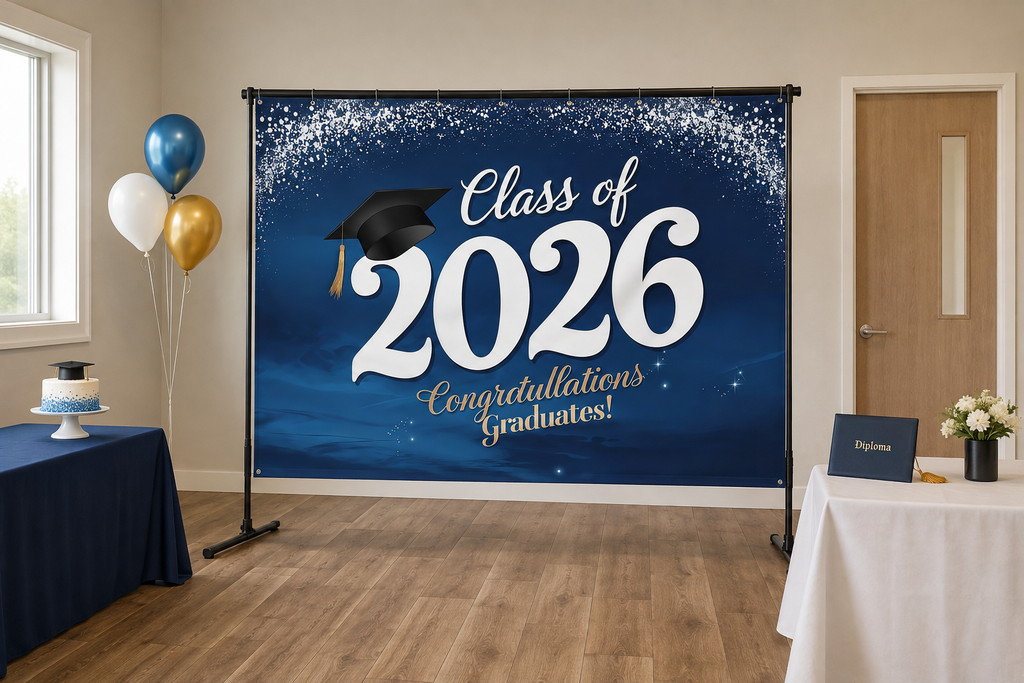 Blue Class of 2026 Graduation Backdrop in alternate room setting