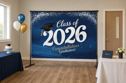 Blue Class of 2026 Graduation Backdrop in alternate room setting