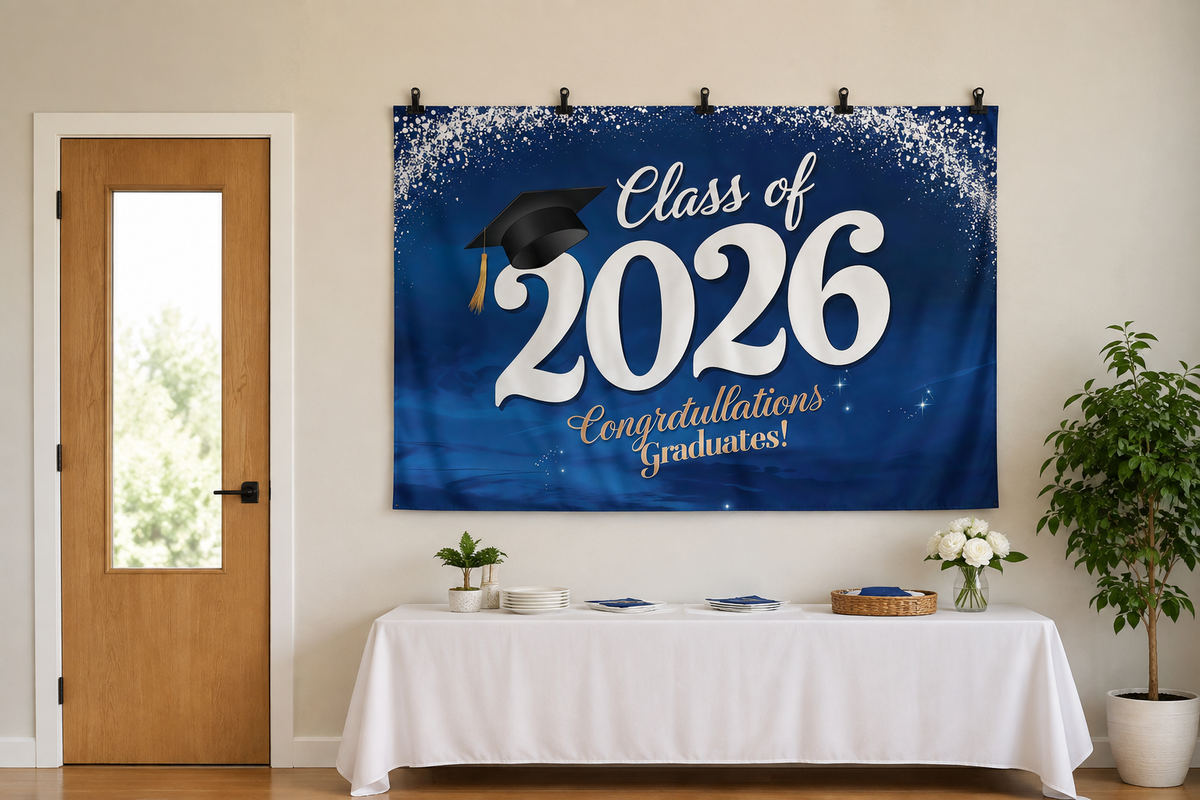 Blue Class of 2026 Graduation Backdrop clipped directly to wall