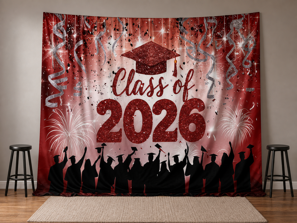 Red glitter graduation photography backdrop for parties