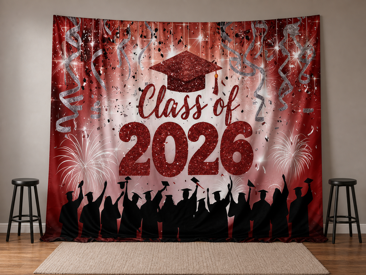 Red glitter graduation photography backdrop for parties