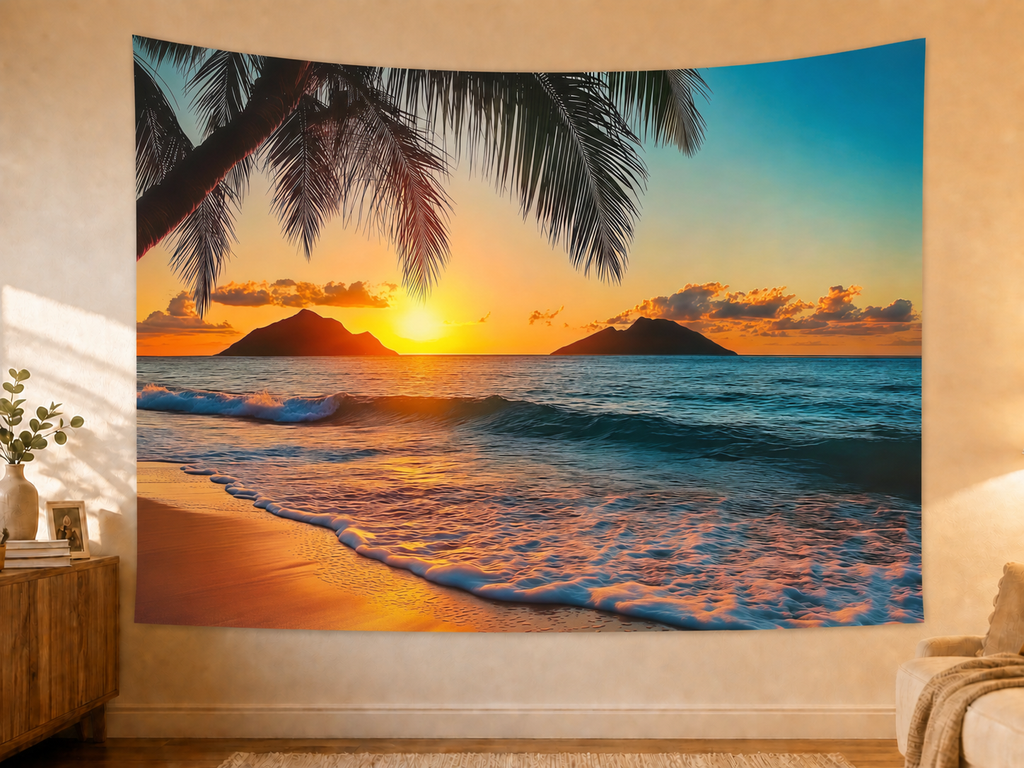 Hawaiian Sunset Beach Backdrop in a realistic home wall setting