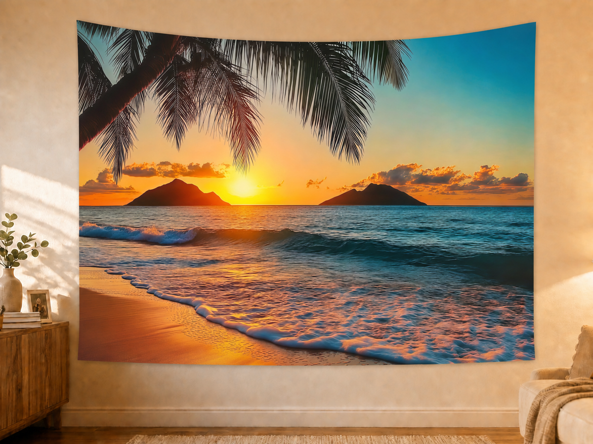 Hawaiian Sunset Beach Backdrop in a realistic home wall setting