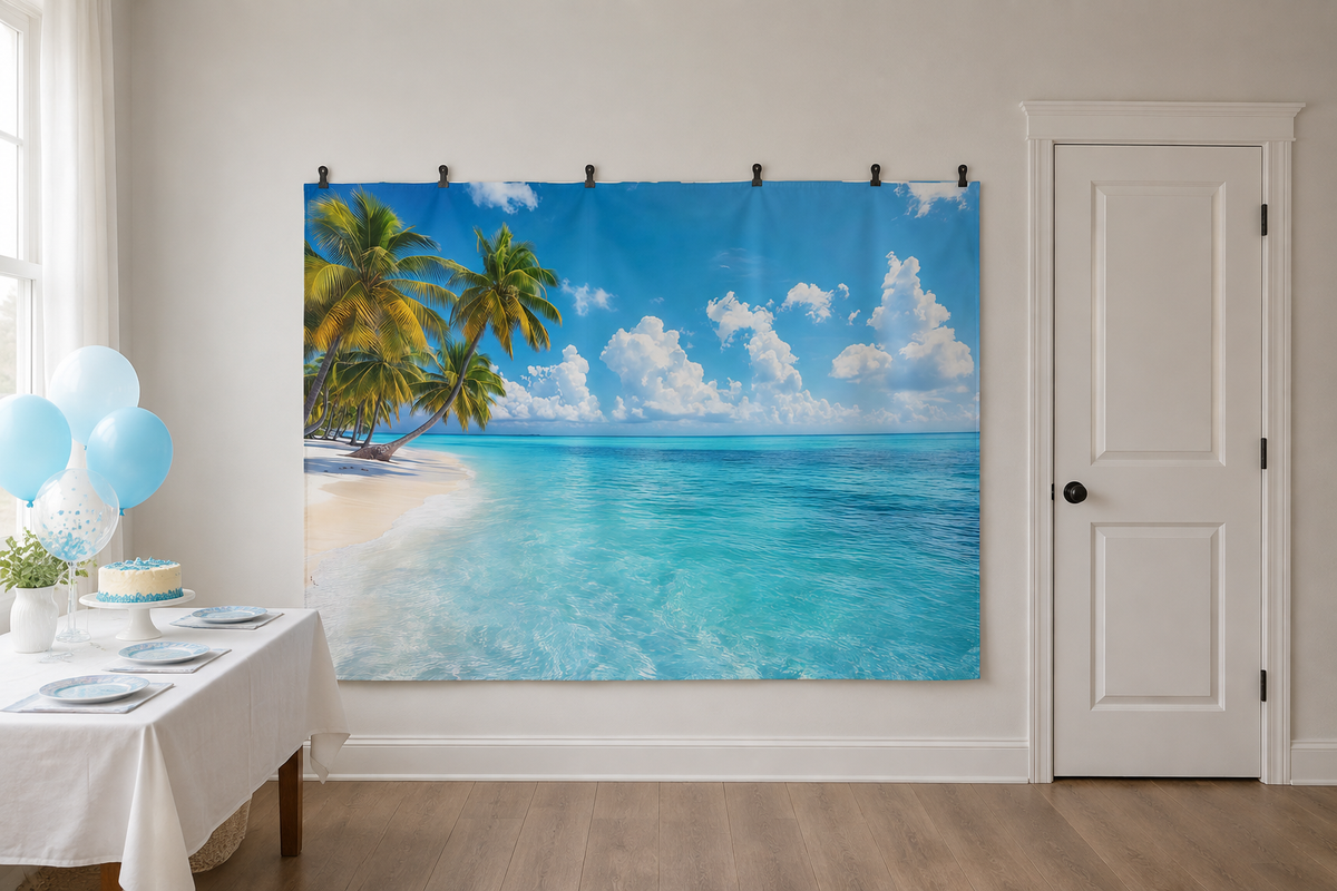 Tropical Beach and Palm Trees Backdrop clipped directly to wall