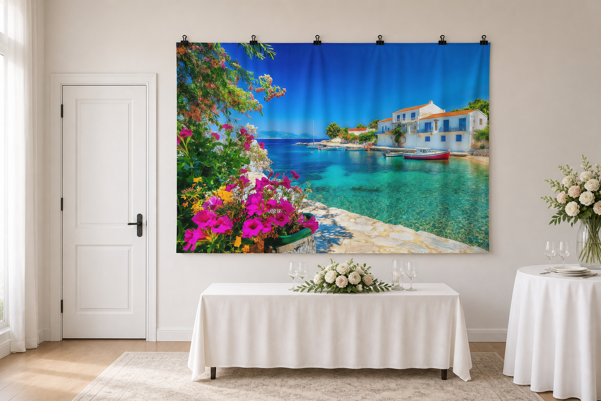 Greek Island Harbor Backdrop clipped directly to wall