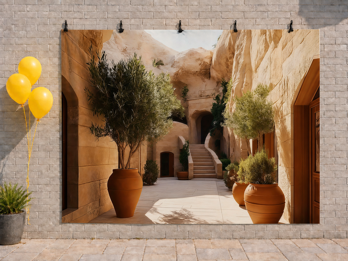 Old Town Stone Archway printed polyester backdrop, shown at244 x183cm with straight-cut unhemmed edges and wall clips. Flat printed scenery; accessories not included.