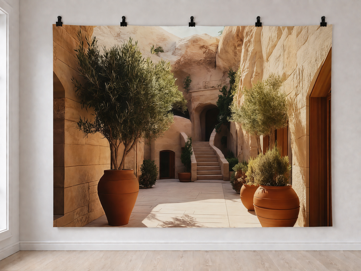 Old Town Stone Archway printed polyester backdrop, shown at244 x183cm with straight-cut unhemmed edges and wall clips. Flat printed scenery; accessories not included.