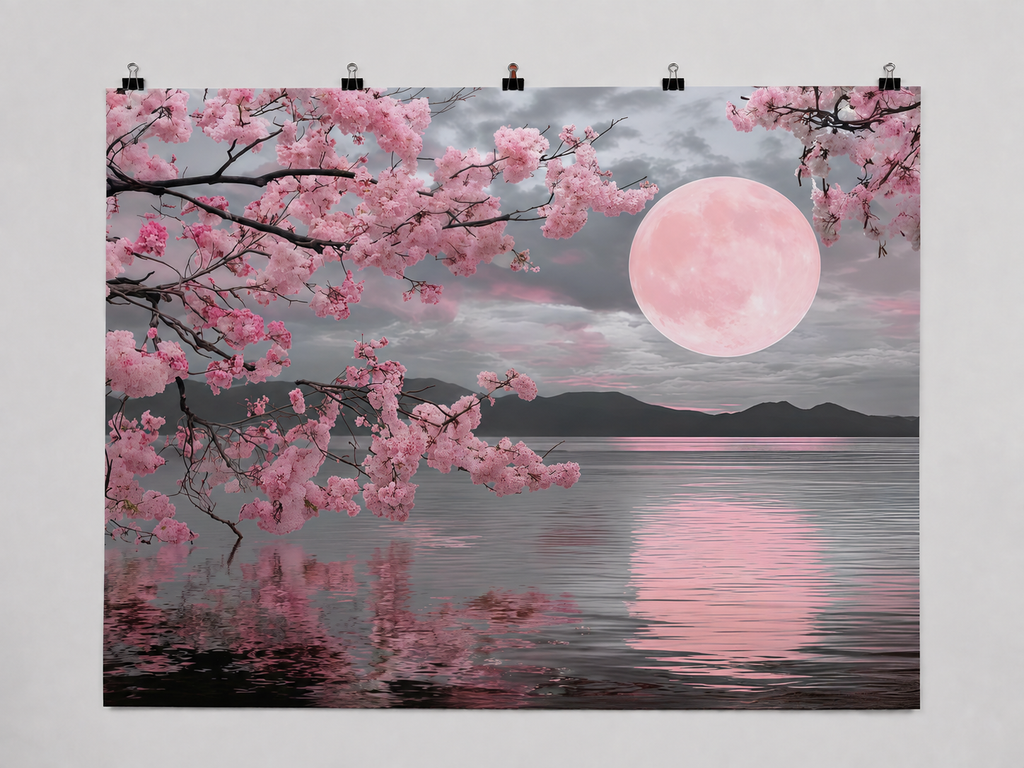 Cherry Blossom Moonlight printed polyester backdrop, shown at244 x183cm with straight-cut unhemmed edges and wall clips. Flat printed scenery; accessories not included.