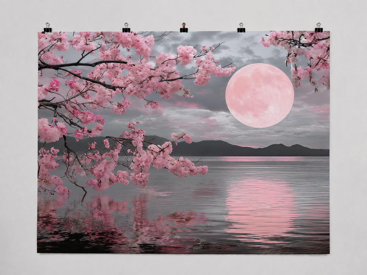 Cherry Blossom Moonlight printed polyester backdrop, shown at244 x183cm with straight-cut unhemmed edges and wall clips. Flat printed scenery; accessories not included.