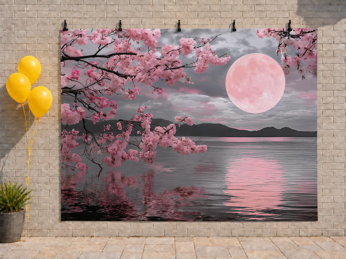 Cherry Blossom Moonlight printed polyester backdrop, shown at244 x183cm with straight-cut unhemmed edges and wall clips. Flat printed scenery; accessories not included.