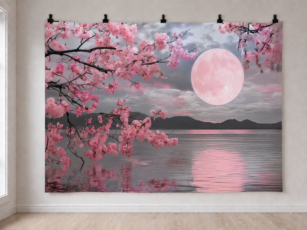Cherry Blossom Moonlight printed polyester backdrop, shown at244 x183cm with straight-cut unhemmed edges and wall clips. Flat printed scenery; accessories not included.
