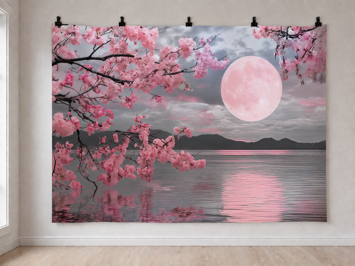 Cherry Blossom Moonlight printed polyester backdrop, shown at244 x183cm with straight-cut unhemmed edges and wall clips. Flat printed scenery; accessories not included.