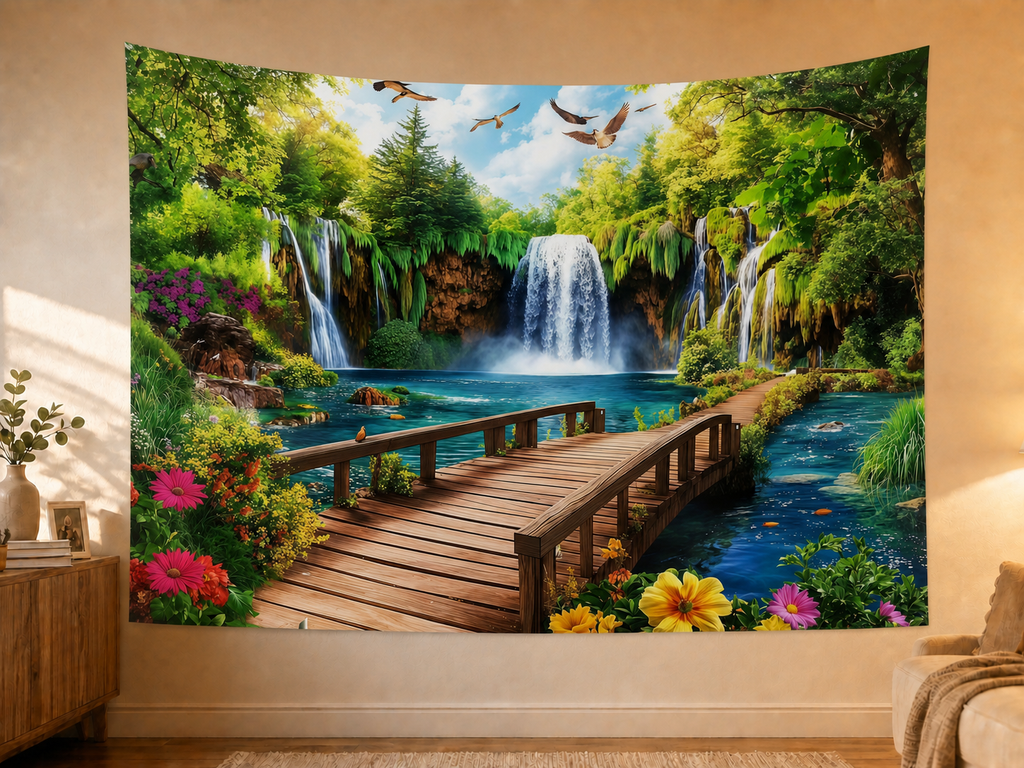 Forest Waterfall Bridge Backdrop styled scene 2
