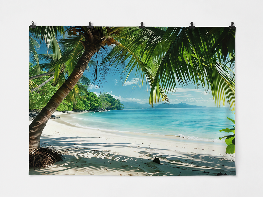 Tropical Beach and Palm Fronds Printed Backdrop — complete flat printed design; accessories not included