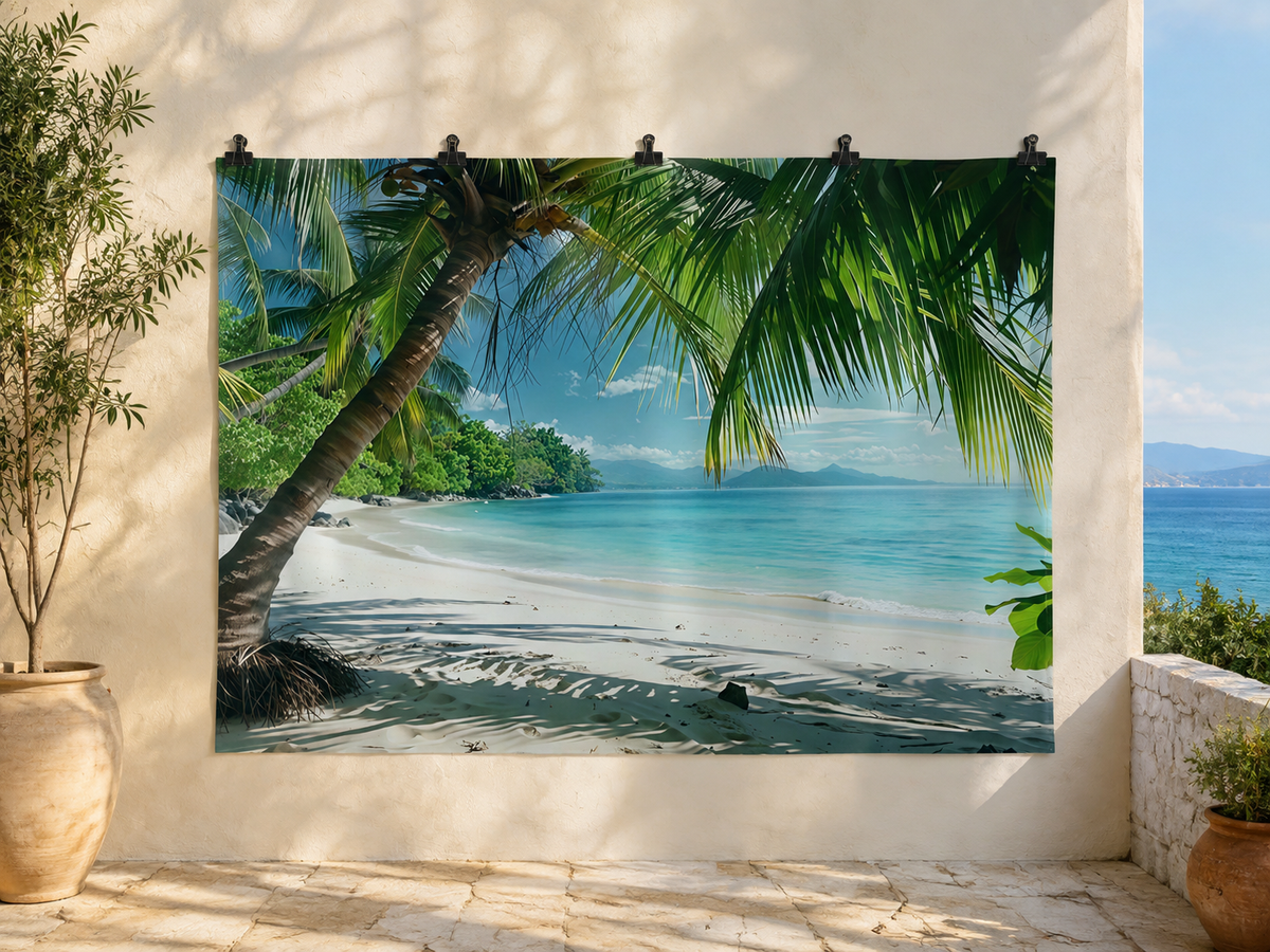 Tropical Beach and Palm Fronds Printed Backdrop — temporary dry outdoor wall-clip display; accessories not included