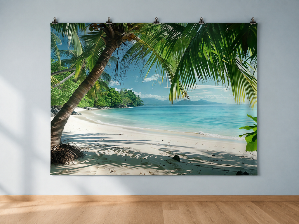 Tropical Beach and Palm Fronds Printed Backdrop — indoor wall-clip display; accessories not included