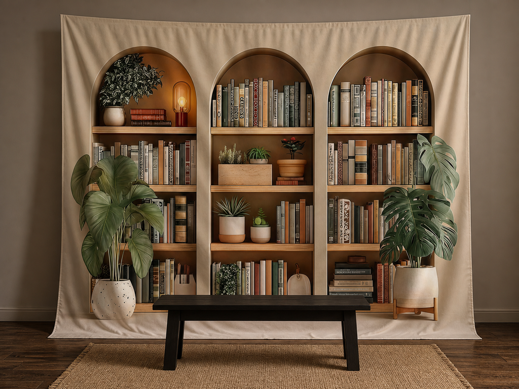 Arched library book club photo booth backdrop