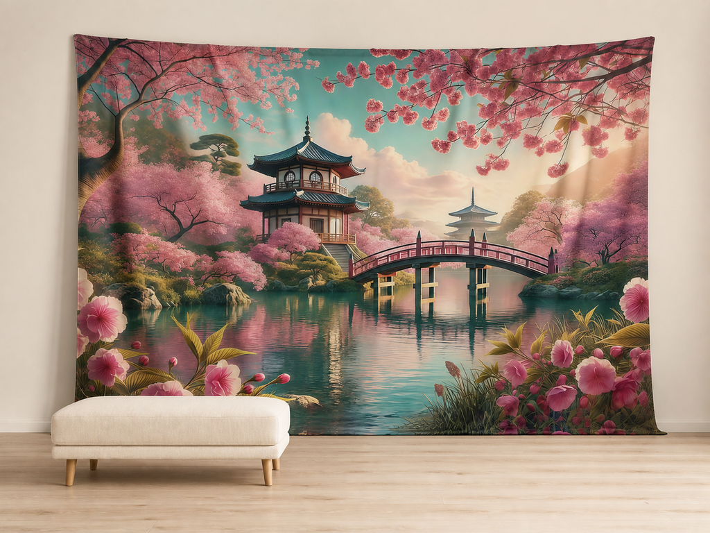 Japanese cherry blossom garden photography backdrop scene 1